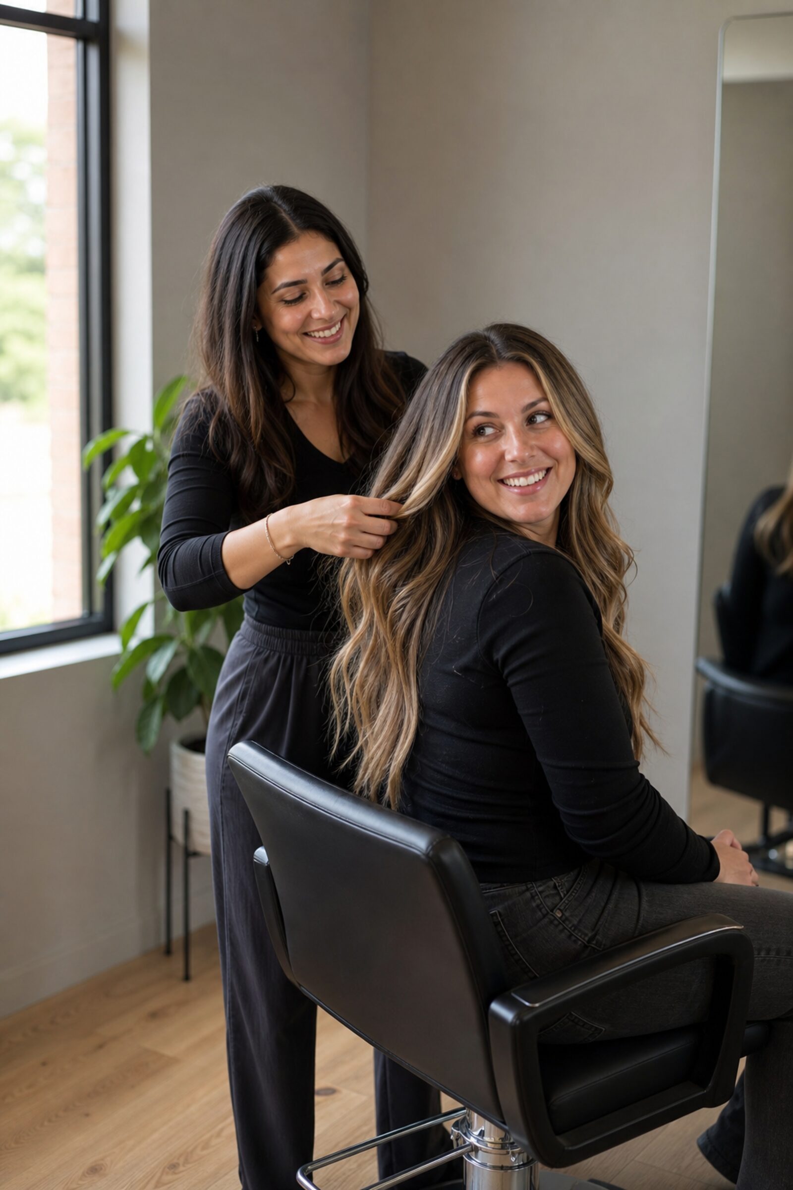 A stylist and her client sharing the reveal in her suite