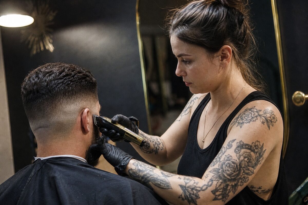 A barber lining up a fade in his own suite