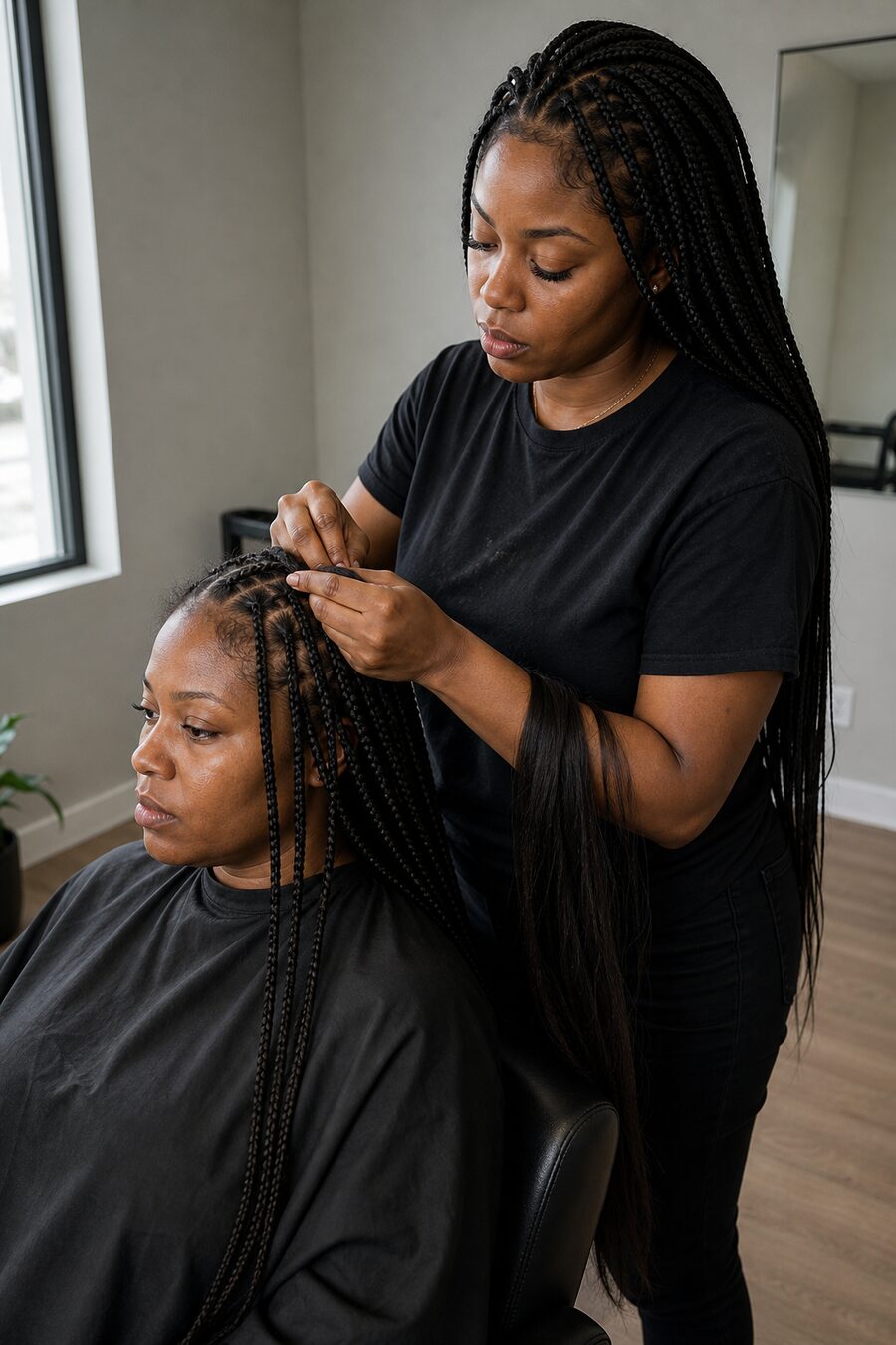 A braider working on long knotless braids in a bright suite