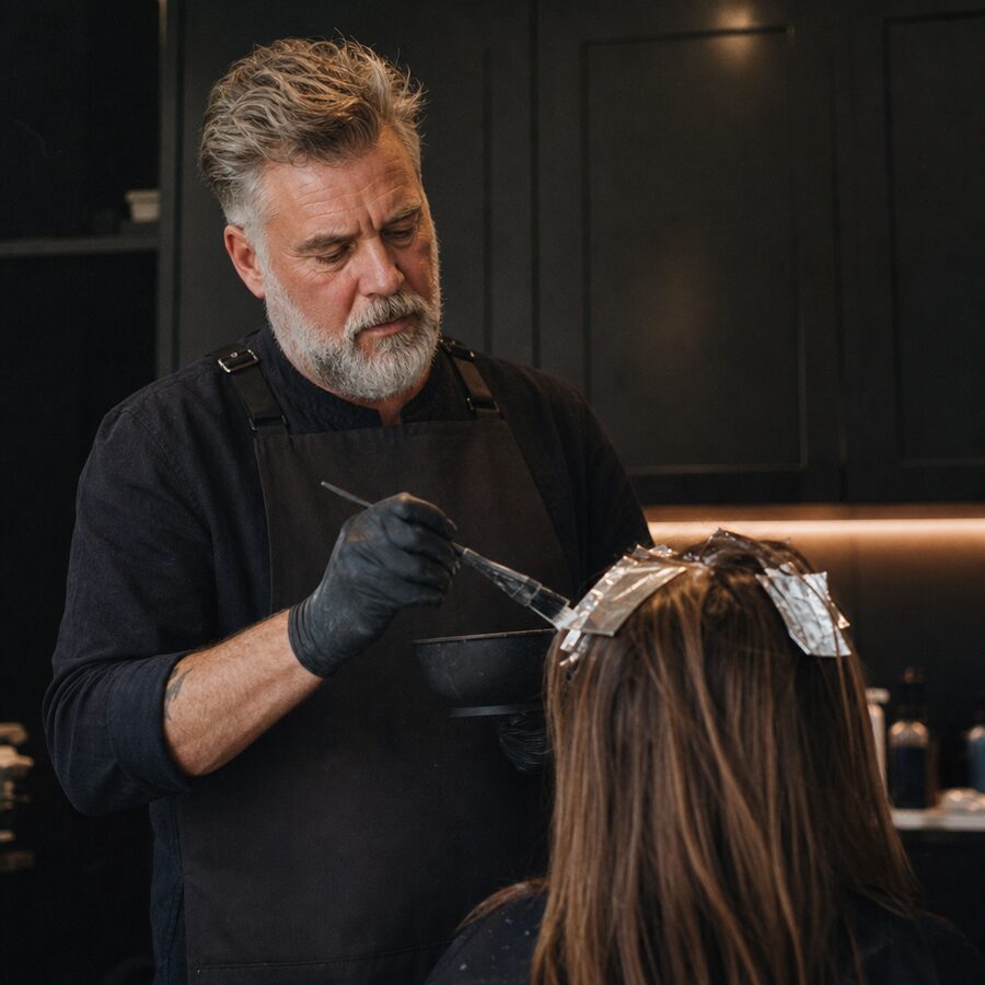A colorist foiling a client’s hair in a dark studio
